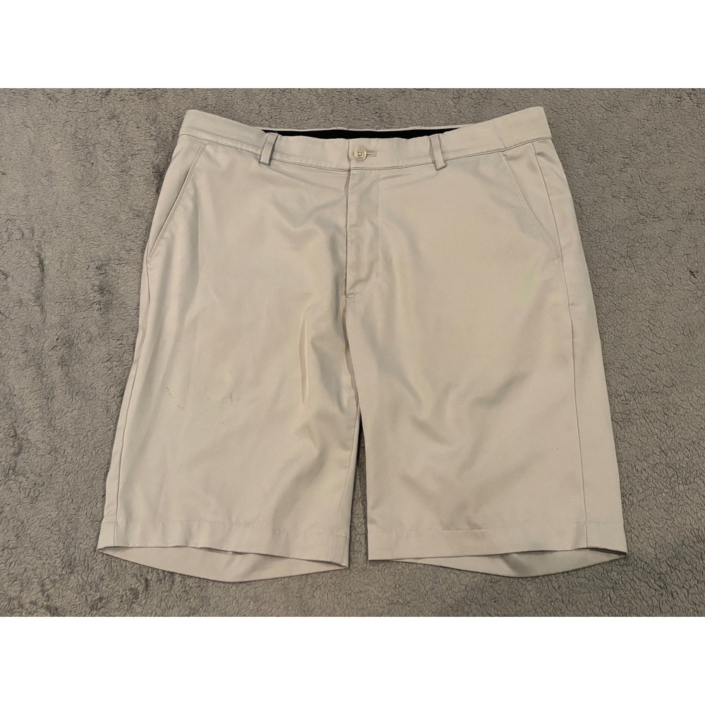 Greg Norman Mens Golf Shorts Beige Stone Flat Front Stretch Size 32 36W 9 Inseam